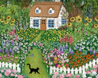 Enchanted Summer Garden Illustration, Black Kitty Artwork, Cottage Garden Art