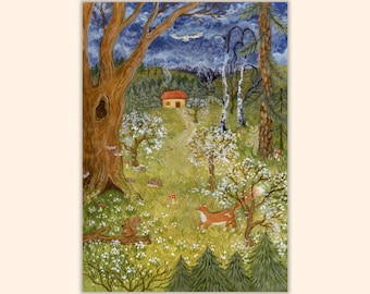 Storm On The Horizon Postcard / Greeting Card, Spring Forest Card, Woodland Animals Art