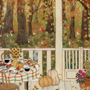 Waldbesucher-Illustration, Herbst-Veranda-Wand-Kunst, Fliegenpilze im Wald