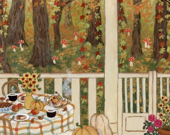 May include: A cozy porch scene with a checkered tablecloth table set for tea, surrounded by pumpkins and fall foliage. A squirrel sits on the porch floor with acorns scattered around.