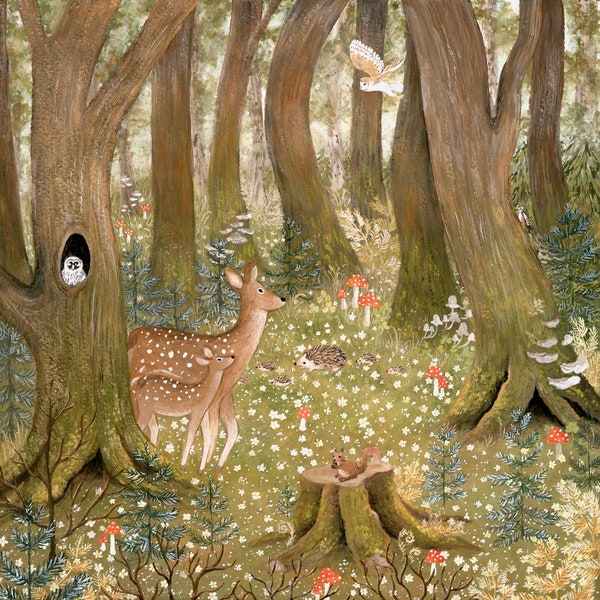 In The Forest Illustration, Wildlife Artwork, Enchanted Forest