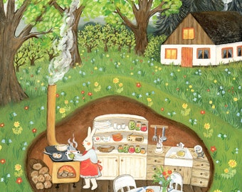 May include: A white rabbit wearing a red apron cooks in a small kitchen inside a burrow. The kitchen has a wood-burning stove, a sink, and a table set for a meal. The burrow is surrounded by green grass and wildflowers.