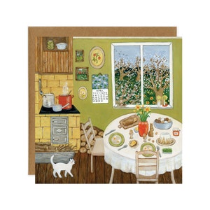 Carte postale de petit déjeuner de Pâques, carte de vue de fenêtre, art de cuisine de cottage