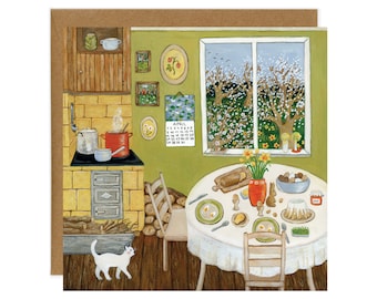 Easter Breakfast Postcard, Window View Card, Cottage Kitchen Art