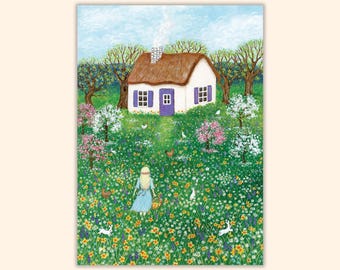 Fragrant Meadow Postcard, Spring Cottage Mini Print