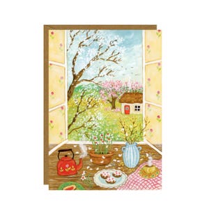 Carte postale Bouilloire rouge, carte Slow Living, fenêtre confortable Voir oeuvre d'art
