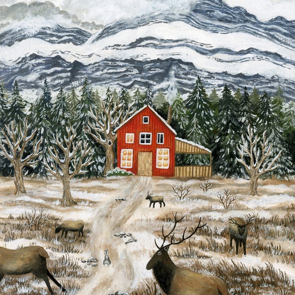 Winter In The Mountains Illustration, Cozy Cottage Drawing, Woodland Animals Art