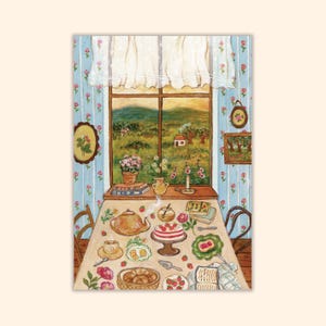 May include: A painting of a dining table set with a teapot, a cake topped with strawberries, a bowl of fruit, and books. The scene is positioned before a window overlooking a landscape, with blue floral wallpaper and framed art on the walls.