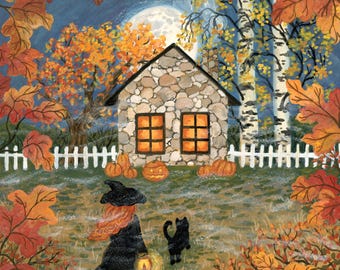 Coming Home Illustration, Halloween Art, Cozy Autumn Artwork