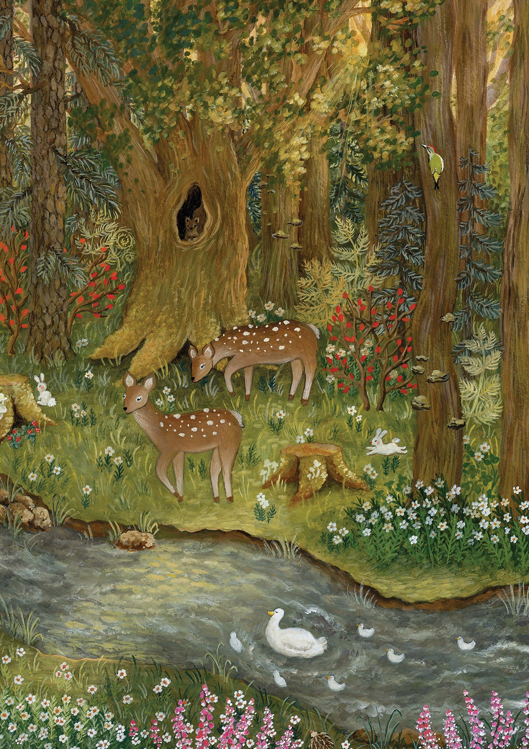 魅惑的な森のイラスト、森の小川のアート、野生動物の絵 - Etsy 日本