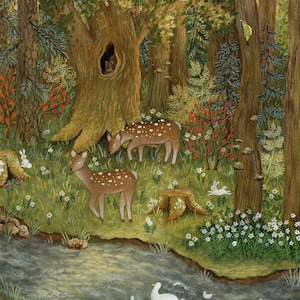 Bezaubernde Wald Illustration, Waldbach Kunst, Wilde Tiere Zeichnung