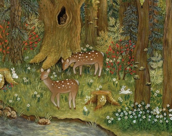 森の絵画「小春ブナ森」 魅惑的な森のイラスト、森の小川のアート、野生動物の絵 - Etsy 日本