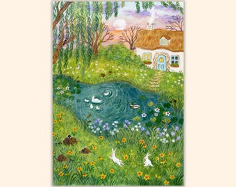 Rising Moon Postcard / Greeting Card, Cozy Thatched Cottage, Woodland Animals Art