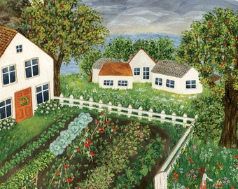 Where The Poppies Bloom Illustration, Lake Cottages Art, Summer Painting