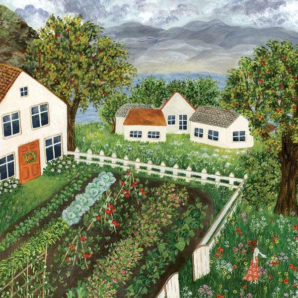 Where The Poppies Bloom Illustration, Lake Cottages Art, Summer Painting