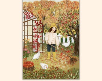 Falling Apples Postcards, Autumnal Card, Golden Autumn Art