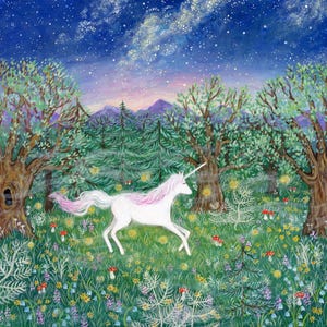 Nacht Wanderer Illustration, magisches Einhorn Kunstwerk, verzauberte Waldkunst