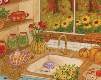 Apple Tart Illustration, Late Summer Wall Art, Peaceful Time In The Countryside