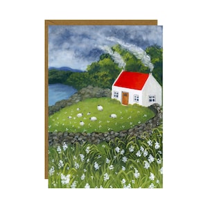 Cartão postal de casa de campo irlandesa, cartão de primavera, vida lenta no campo
