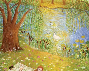 Reading In The Garden Illustration, Spring Sunset Artprint, Slow Day By The Lake