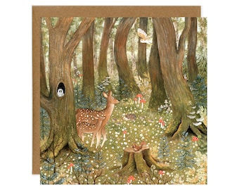 Spring Forest Postcard, Woodland Animals Card, Foraging Art