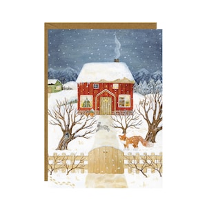 Winter Cottage Postcard, Christmas Card, Woodland Animals Artwork