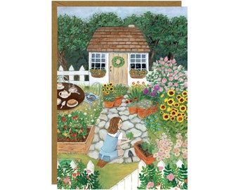 August Garden Postcard, Gardening Card, Summer At The Cottage House