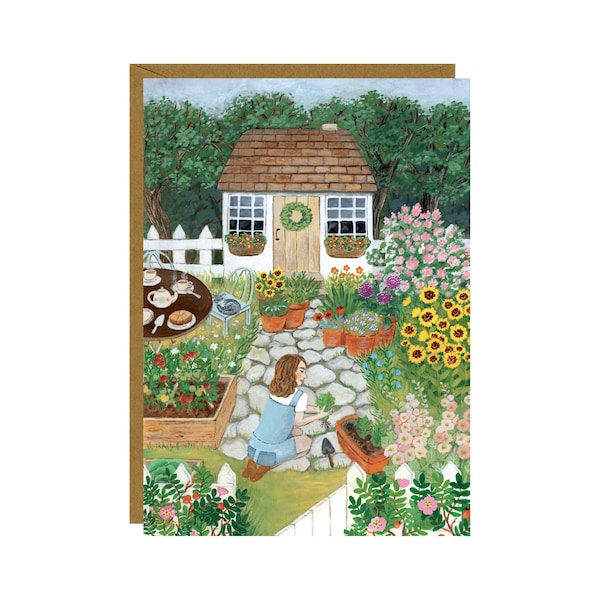 August Garden Postcard, Gardening Card, Summer At The Cottage House