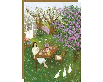Under The Lilac Postcard, Cottagecore Card, Spring Garden Party