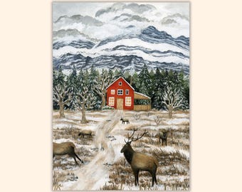 Winter In The Mountains Postcard, Woodland Animals Card, Cozy Winter Cottage