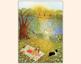 Reading In The Garden Postcard, Summer Garden Mini Print