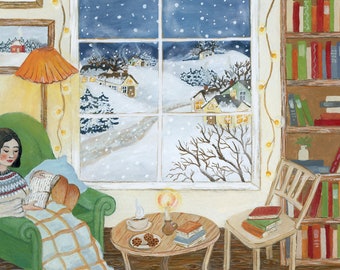 May include: A cozy living room scene with a woman reading a book in a green armchair, a cat sitting on the floor, a window with a snowy view, a table with a cup of coffee and cookies, and a bookshelf filled with books.