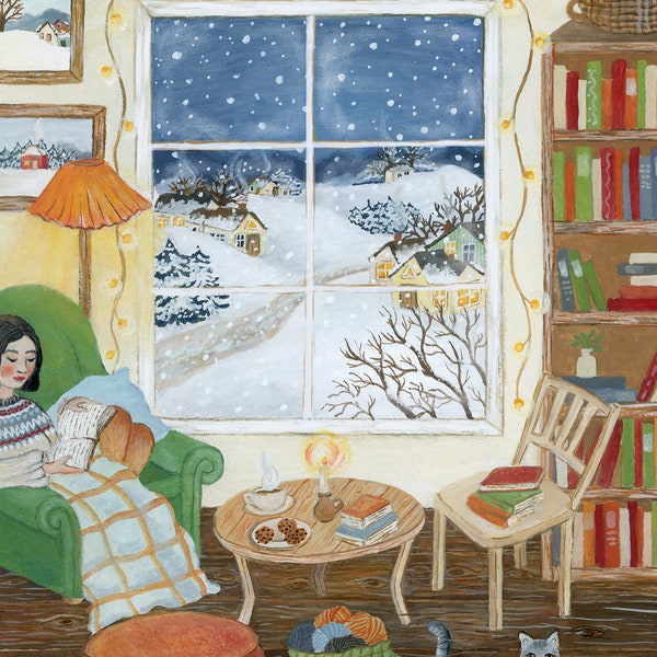 Winter Evenings Illustration, Snowy Night Print, Cozy Book Corner Art