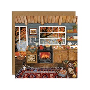 Postal de rollos de canela, postal de cabaña en el lago, arte de cocina acogedora