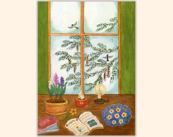 Winter Robins Postcard, Cozy Window View Mini Print