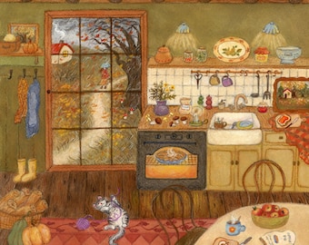 Rainy Days Illustration, Fall Kitchen Art, Cozy Autumn Artwork