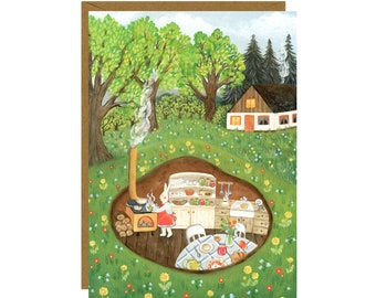 Dinner Preparation Postcard, Cozy Bunny Nook Art, Spring Mini Print