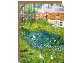 Rising Moon Postcard / Greeting Card, Cozy Thatched Cottage, Woodland Animals Art