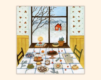 Tarjeta postal/de felicitación de té de arándanos, tarjeta acogedora de invierno, arte de día nevado