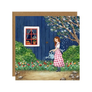 Cartolina con finestra di cottage, cartolina di cottage minuscola, arte di annaffiare le piante