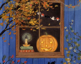 Ghost Garland Illustration, Cozy Halloween Wall Art