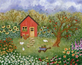 Delightful Summer Illustration, Cottagecore Art, Cozy Toolshed Artprint