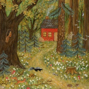 Op de afbeelding: Een grillige illustratie van een bosscène met een rood huisje, een kronkelend pad en diverse bosdieren. Een stinkdier, een eekhoorn en egels zijn zichtbaar tussen de wilde bloemen en paddenstoelen. Het kunstwerk roept een gevoel van vrede en natuurlijke schoonheid op.