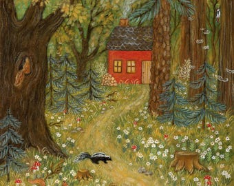 May include: A whimsical illustration of a forest scene with a red cottage, a winding path, and various woodland creatures. A skunk, squirrel, and hedgehogs are visible among the wildflowers and mushrooms. The artwork evokes a sense of peace and natural beauty.