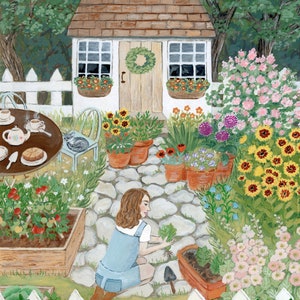 Augustustuinillustratie, botanische kunstprint, grillig kunstwerk