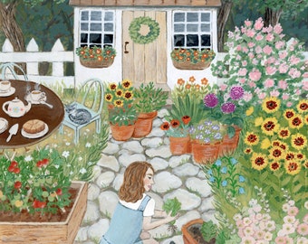 Augustiträdgårdsillustration, botaniskt konsttryck, nyckfullt konstverk