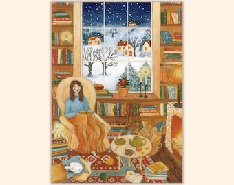 Postal/Tarjeta de felicitación de invierno acogedora, Tarjeta de Navidad, Arte de noche nevada