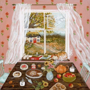 Herbst-Fensteransicht-Illustration, kleine Landhaus-Kunst, Tee-Zeit-Zeichnung