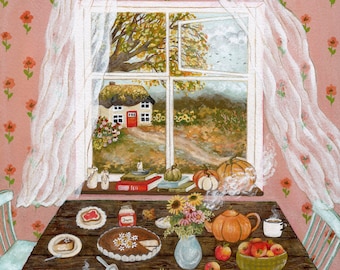 Autumn Window View Illustration, Tiny Cottage Art, Tea Time Drawing