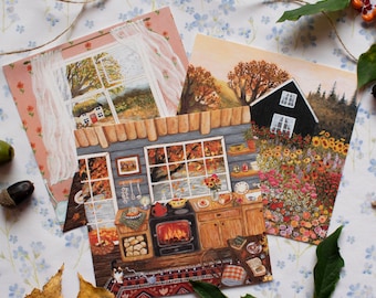 Lot de cartes postales de saison, mini impressions douillettes, cartes A6 illustrées et cartes carrées